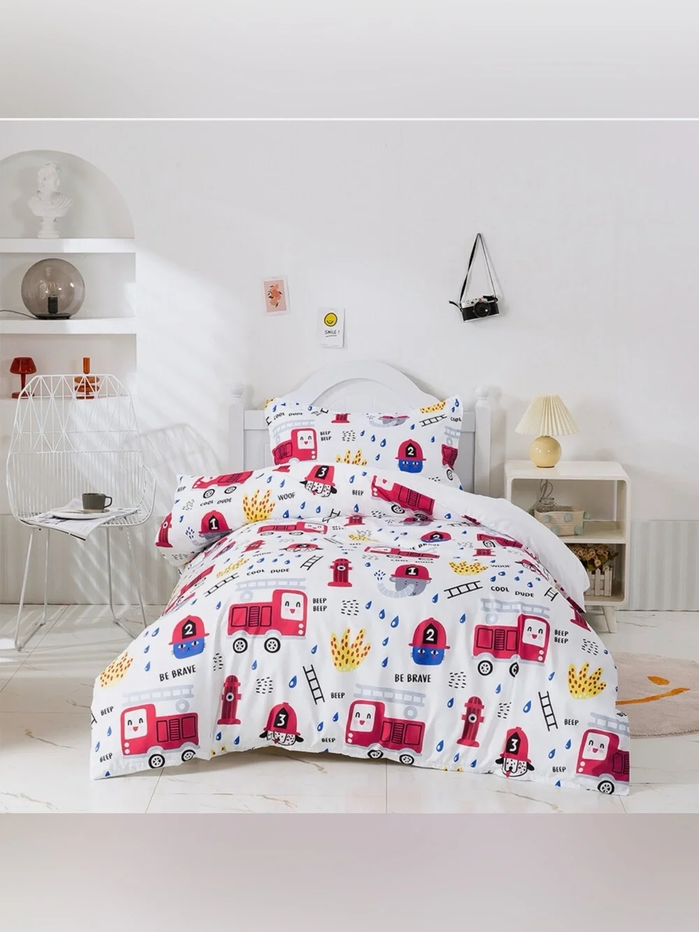 Kids White Firetruck Bedding Set - Playful Firefighter Print